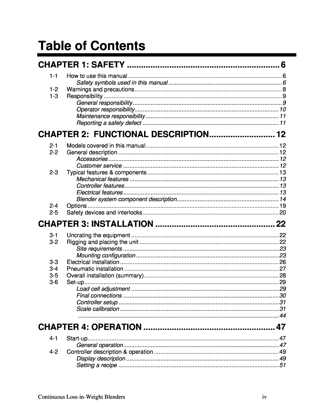Sterling 060, 100, 600, 015, SLC 5/04 specifications Table of Contents, Functional Description, Installation, Operation, Safety 