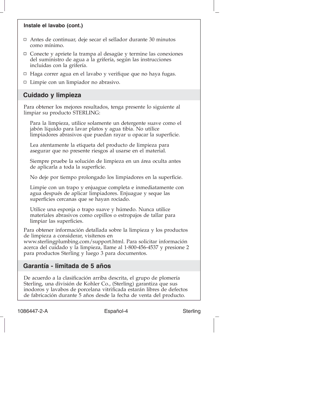 Sterling 1086447-2-A manual Cuidado y limpieza, Garantía limitada de 5 años, Instale el lavabo 