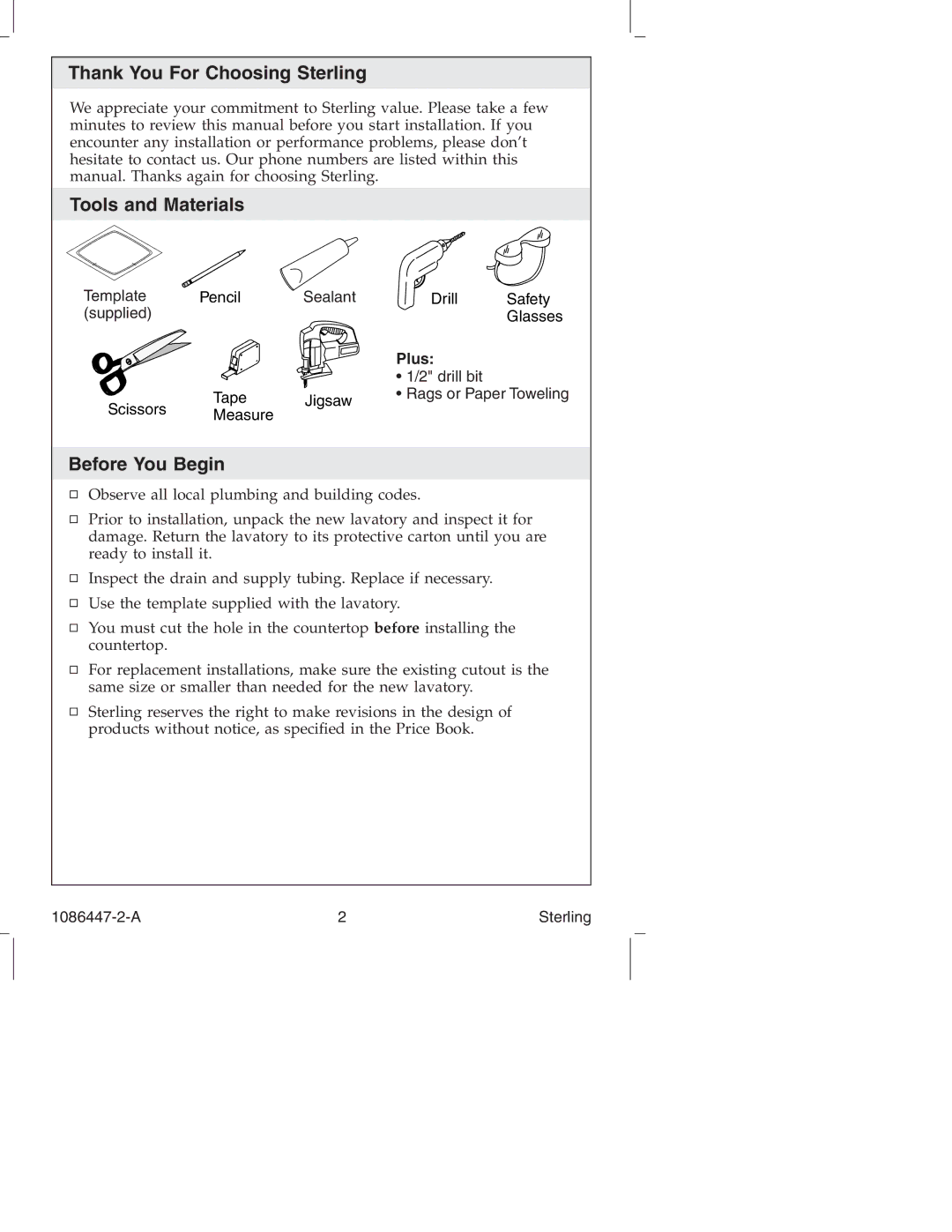 Sterling 1086447-2-A manual Thank You For Choosing Sterling, Tools and Materials, Before You Begin, Plus 