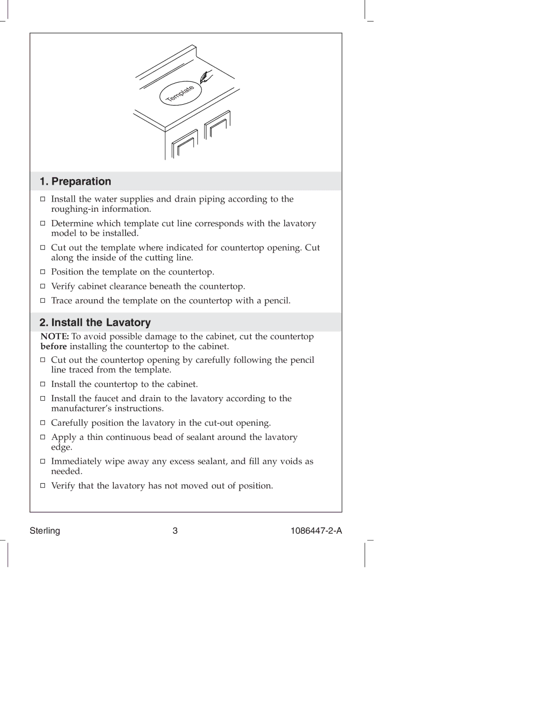 Sterling 1086447-2-A manual Preparation, Install the Lavatory 