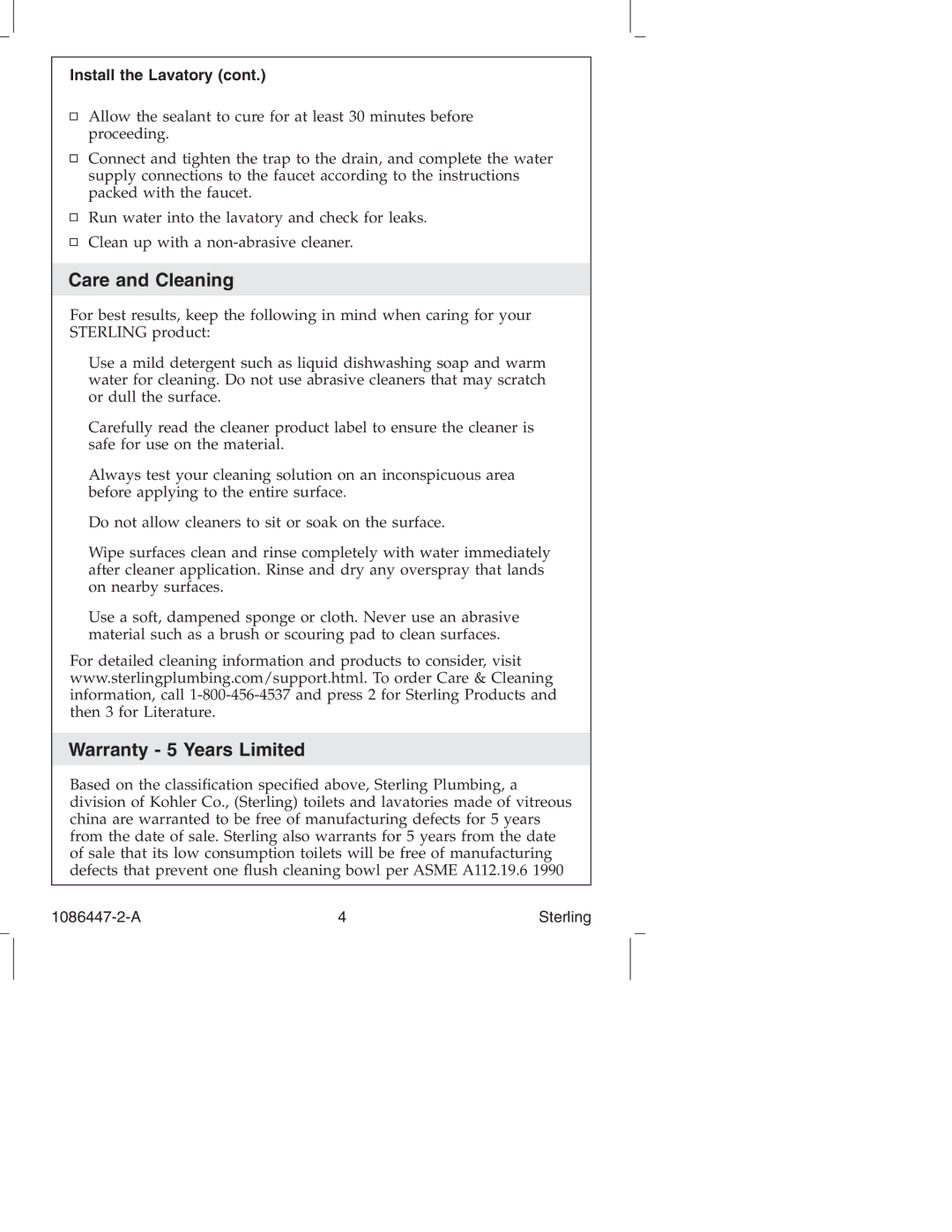 Sterling 1086447-2-A manual Care and Cleaning, Warranty 5 Years Limited, Install the Lavatory 