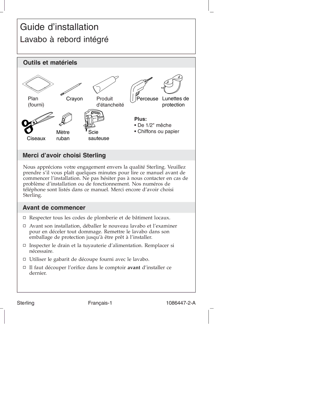 Sterling 1086447-2-A manual Outils et matériels, Merci d’avoir choisi Sterling, Avant de commencer 