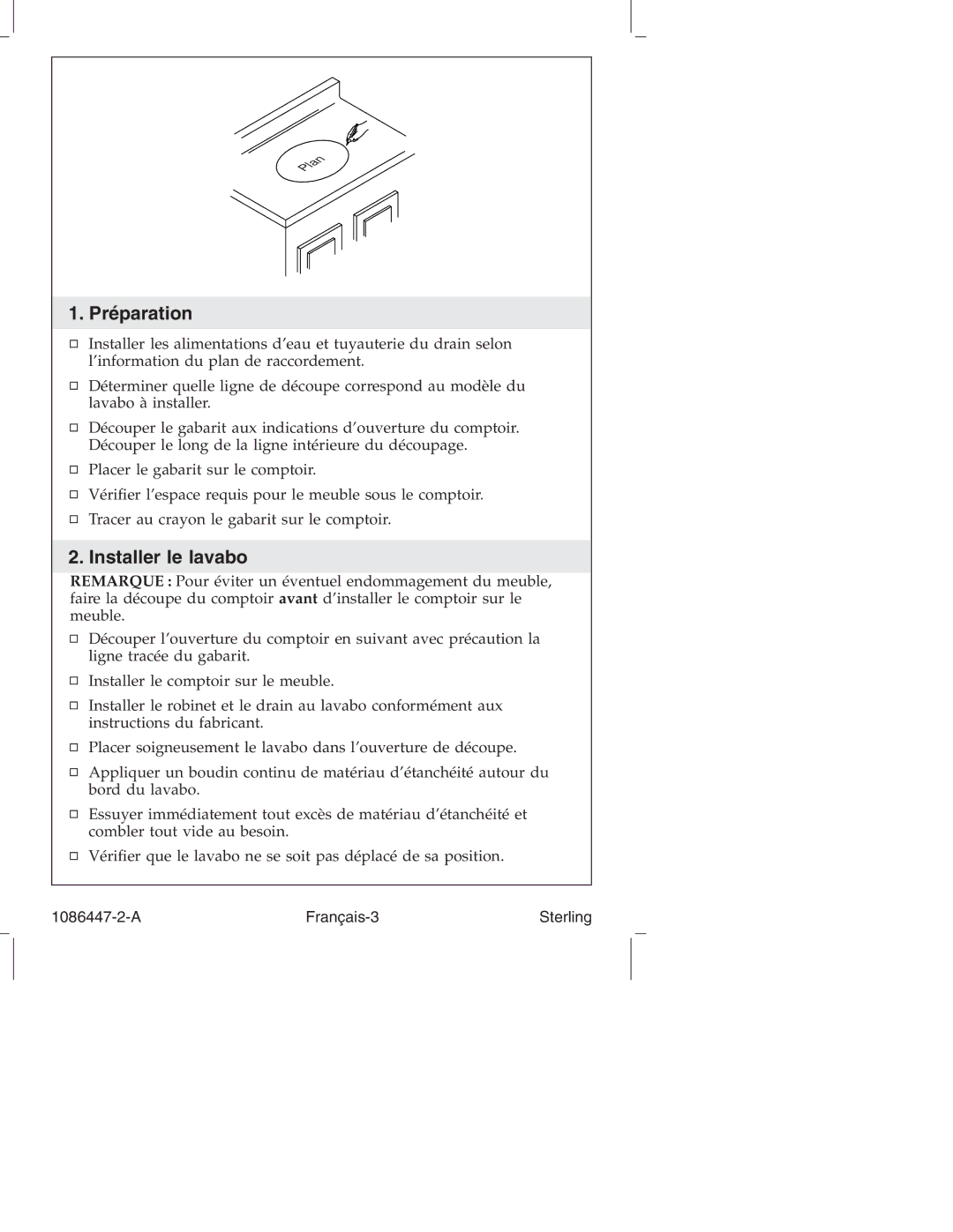 Sterling 1086447-2-A manual Préparation, Installer le lavabo 