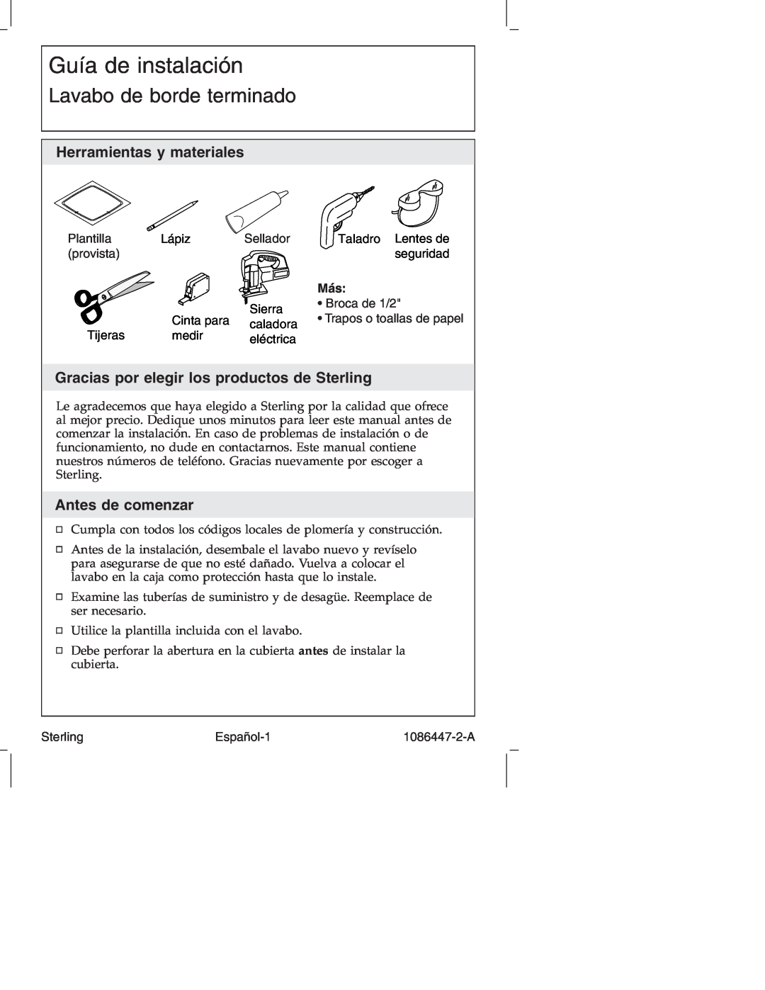 Sterling 1086447-2-A manual Guía de instalación, Lavabo de borde terminado, Herramientas y materiales, Antes de comenzar 
