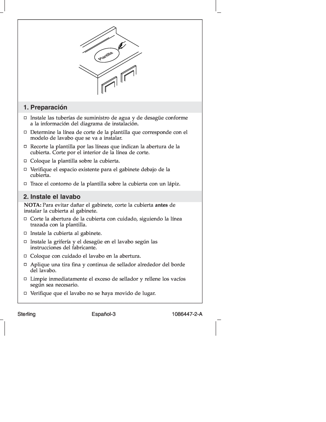 Sterling 1086447-2-A manual Preparación, Instale el lavabo, Español-3, Sterling 