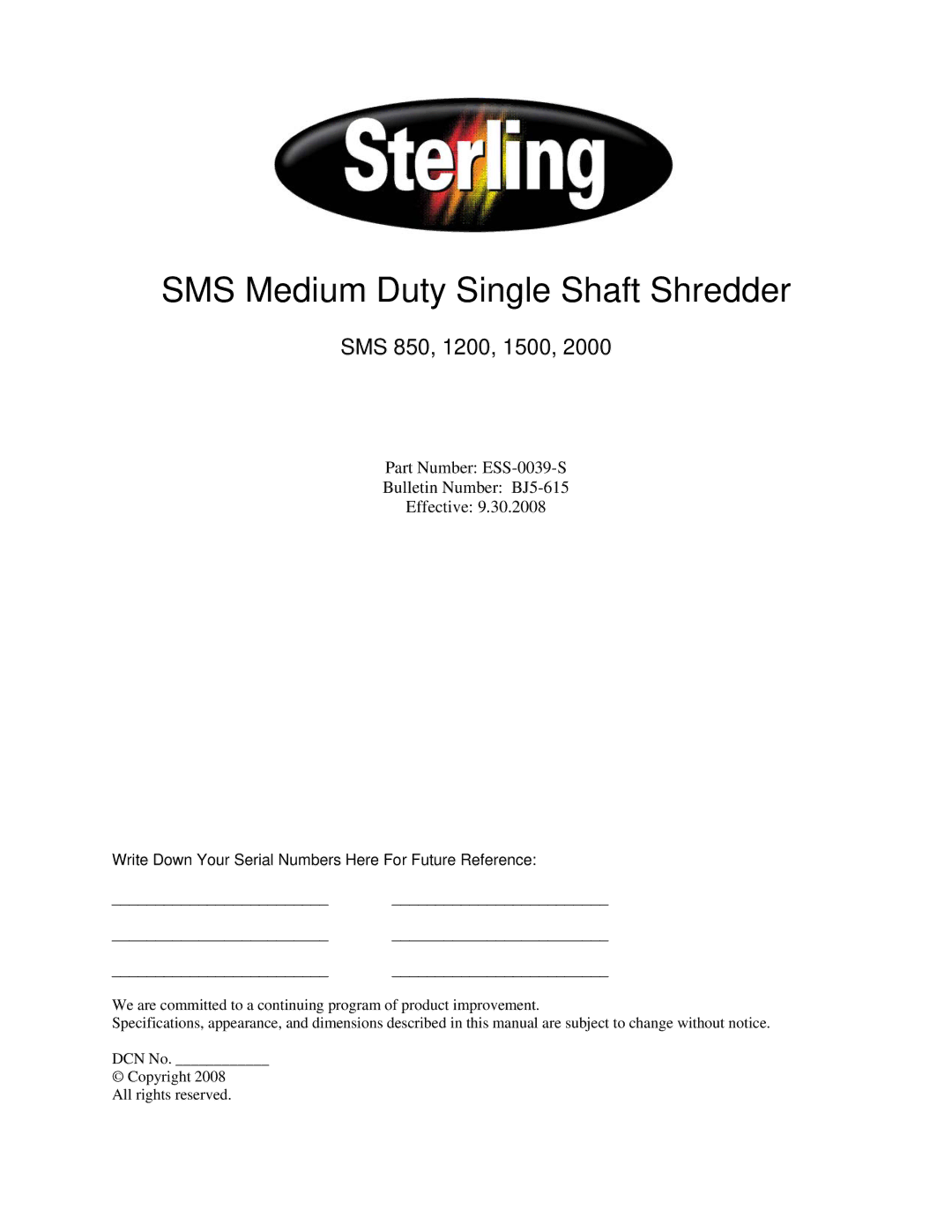 Sterling 2000, 1200, SMS 850, 1500 manual SMS Medium Duty Single Shaft Shredder 