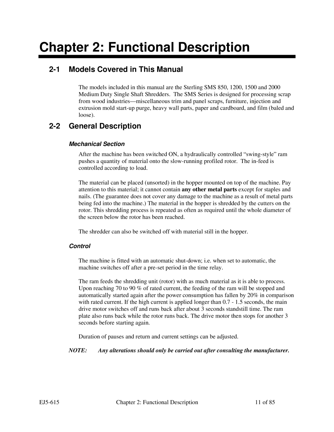 Sterling 1500 Functional Description, Models Covered in This Manual, General Description, Mechanical Section, Control 