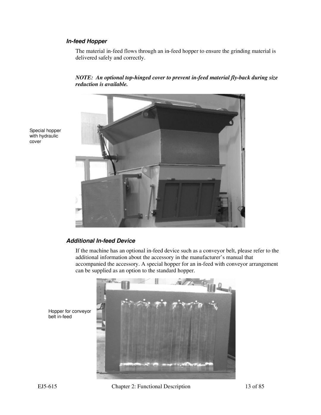 Sterling 2000, 1200, SMS 850, 1500 manual In-feed Hopper, Additional In-feed Device 