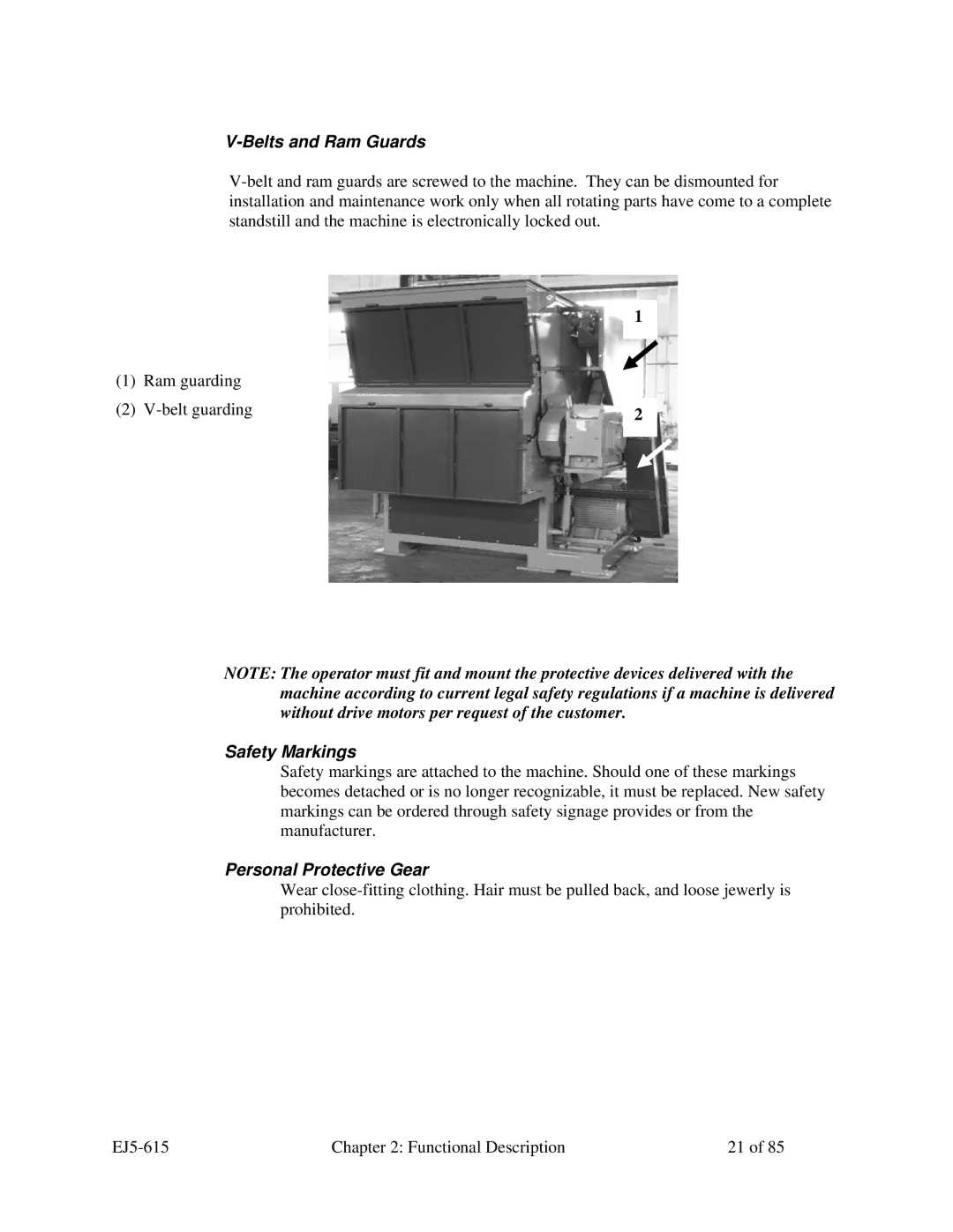 Sterling 2000, 1200, SMS 850, 1500 manual Belts and Ram Guards, Safety Markings, Personal Protective Gear 