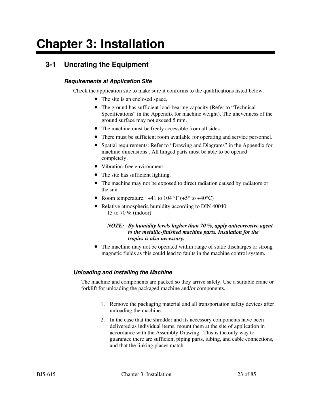 Sterling 1500, 1200, 2000, SMS 850 manual Installation, Uncrating the Equipment, Requirements at Application Site 