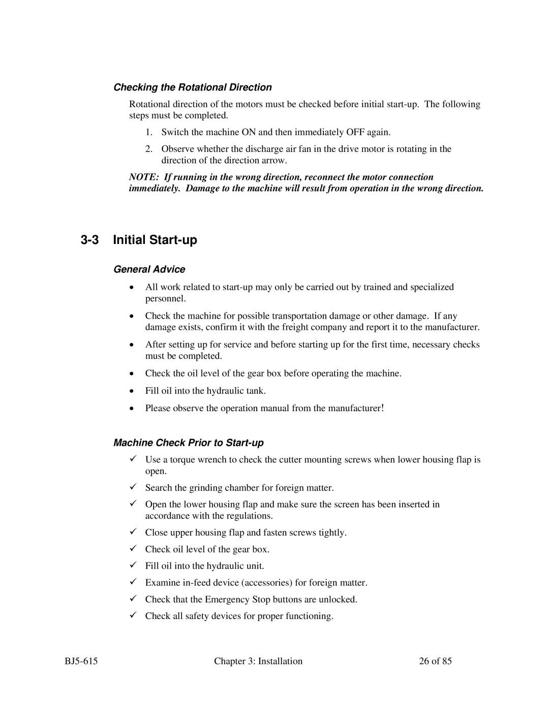 Sterling SMS 850 Initial Start-up, Checking the Rotational Direction, General Advice, Machine Check Prior to Start-up 