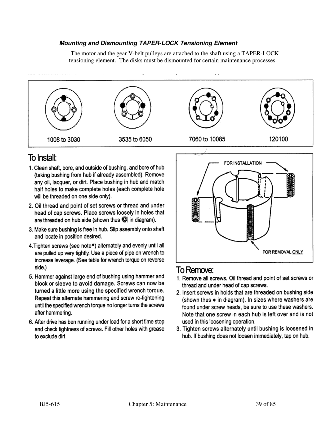 Sterling 1500, 1200, 2000, SMS 850 manual Mounting and Dismounting TAPER-LOCK Tensioning Element 