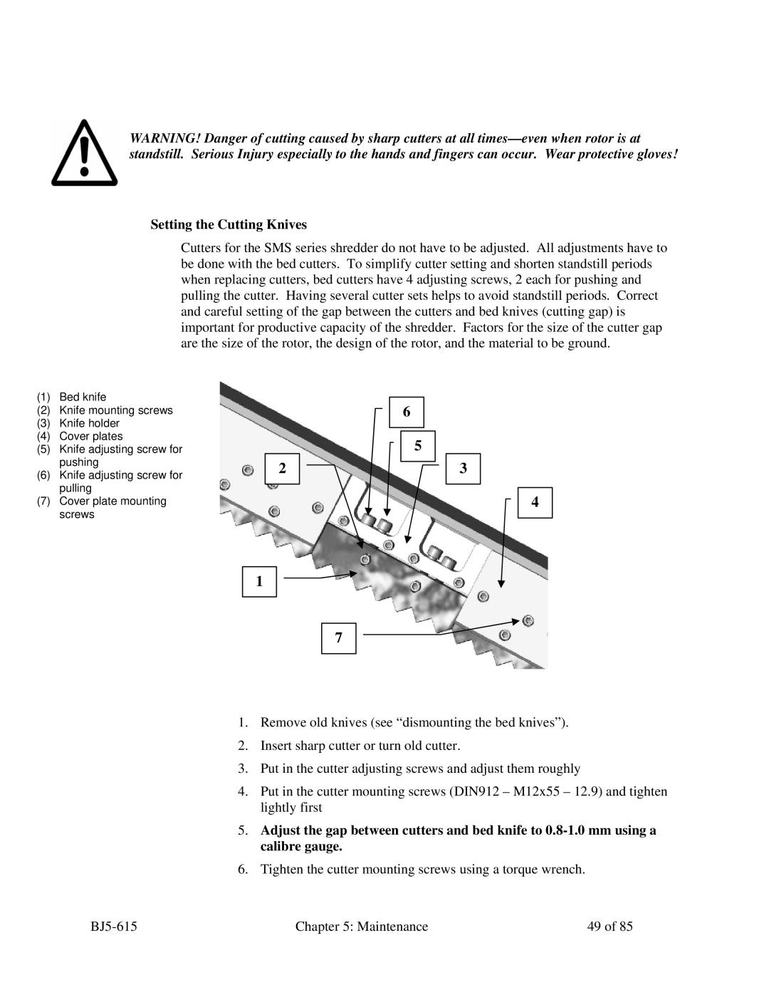 Sterling 2000, 1200, SMS 850, 1500 manual Setting the Cutting Knives 