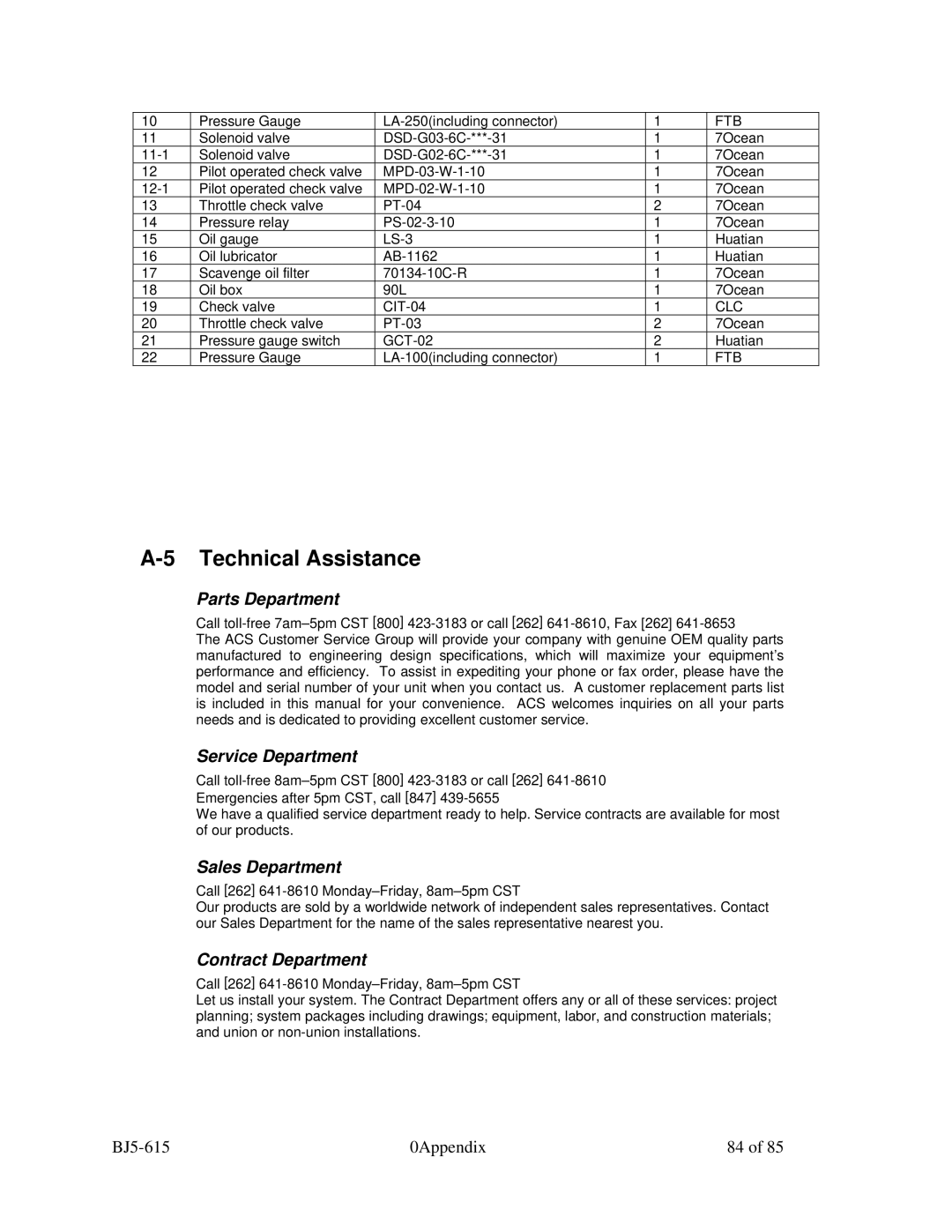 Sterling 1200, 2000, 1500 Technical Assistance, Parts Department, Service Department, Sales Department, Contract Department 