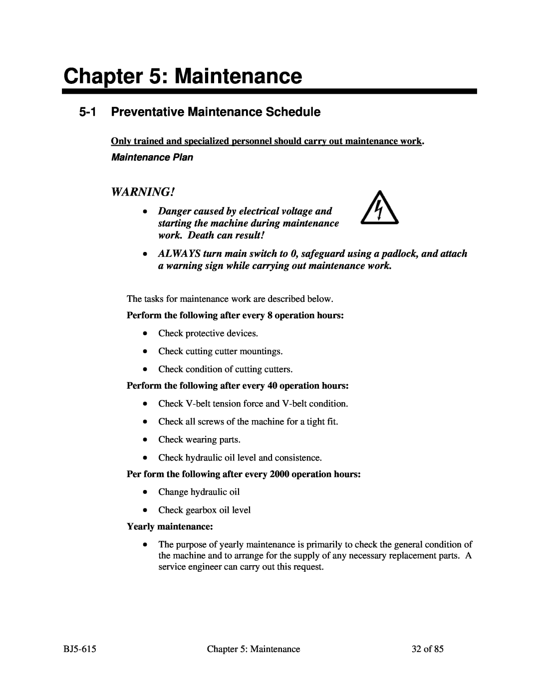 Sterling 1200, 2000, SMS 850, 1500 manual 5-1Preventative Maintenance Schedule 