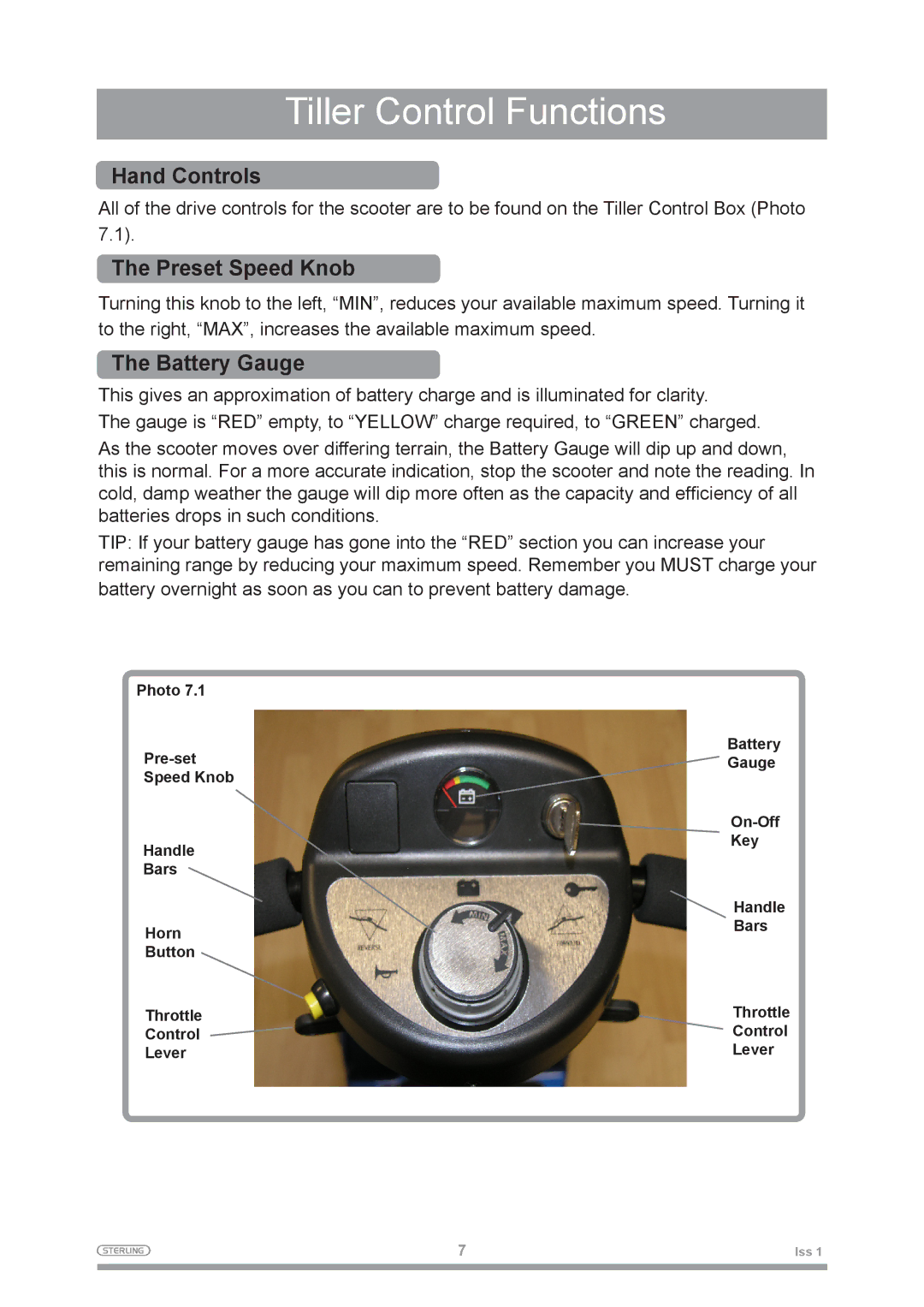 Sterling 2 owner manual Tiller Control Functions, Hand Controls, Preset Speed Knob, Battery Gauge 