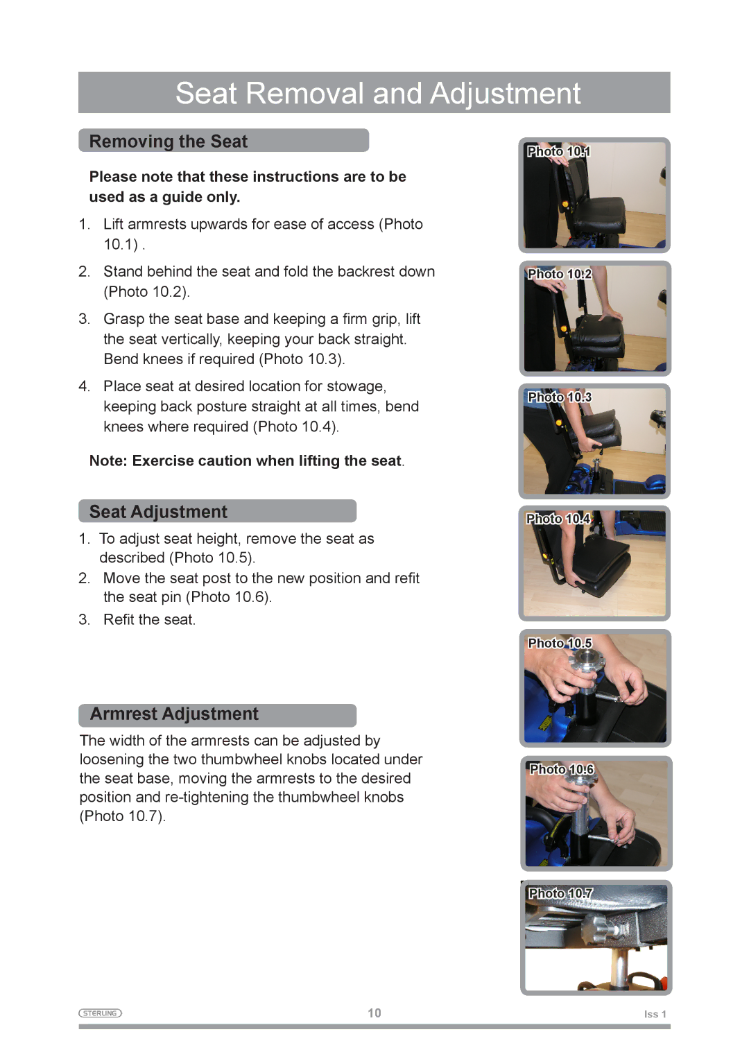 Sterling 2 owner manual Seat Removal and Adjustment, Removing the Seat, Seat Adjustment, Armrest Adjustment 