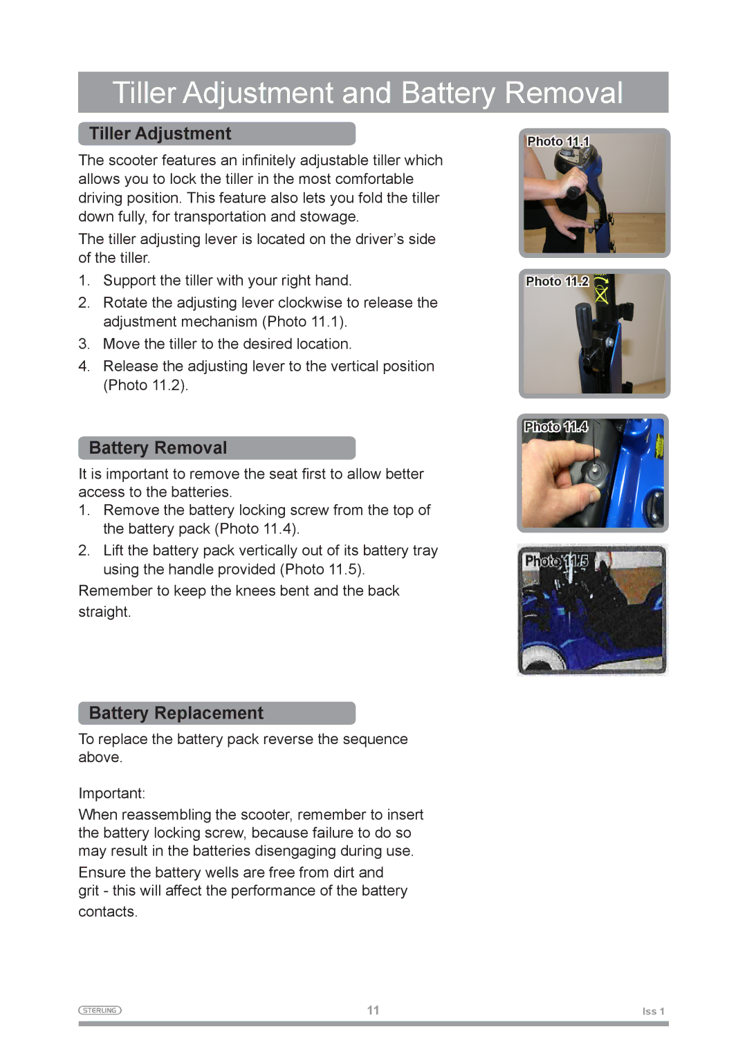 Sterling 2 owner manual Tiller Adjustment and Battery Removal, Battery Replacement 