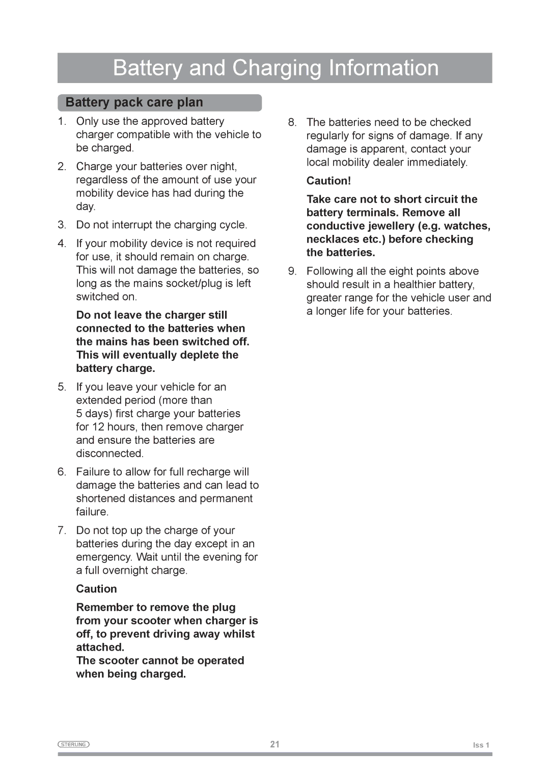 Sterling 2 owner manual Battery pack care plan 