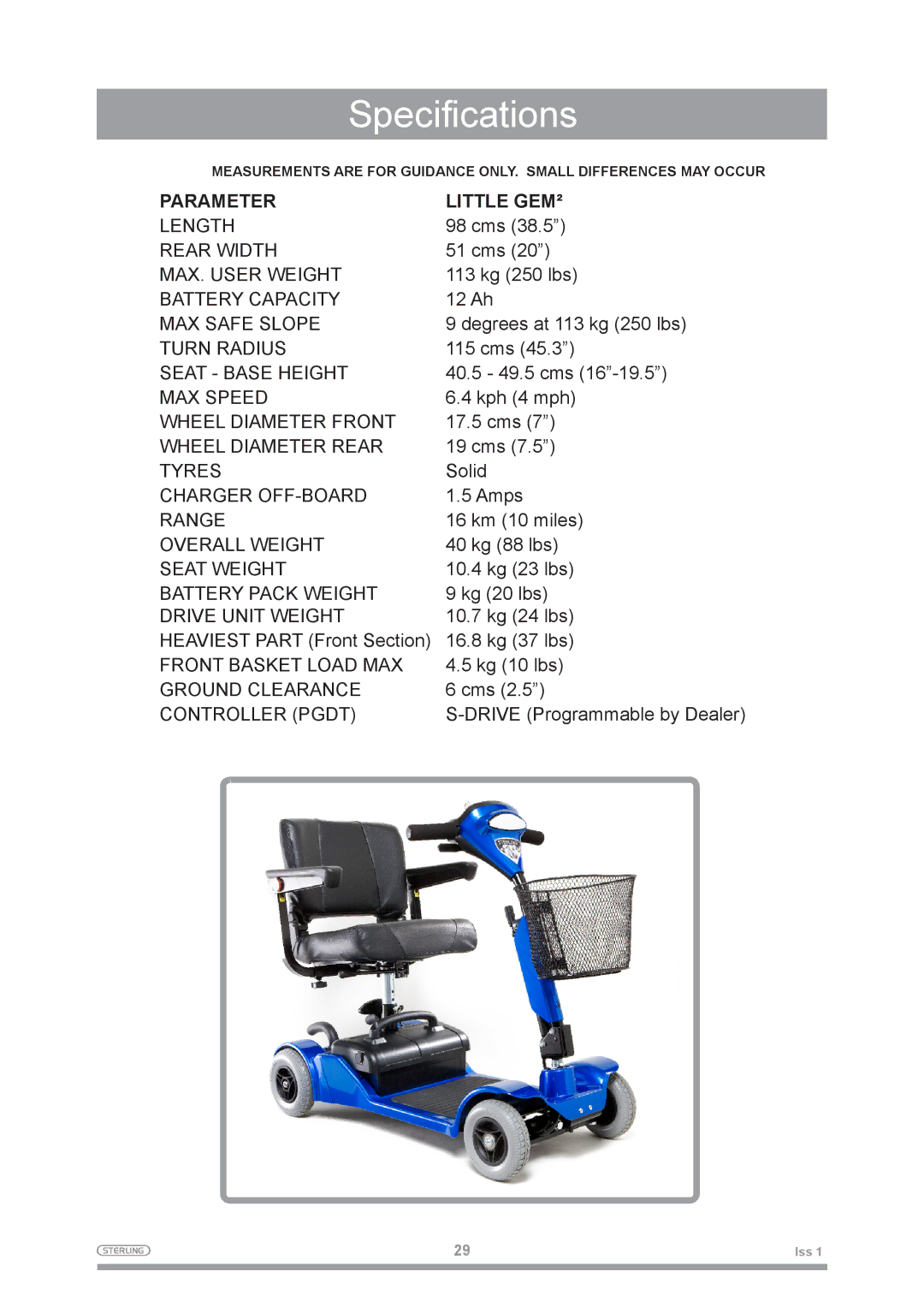 Sterling 2 owner manual Specifications, Parameter Little GEM² 