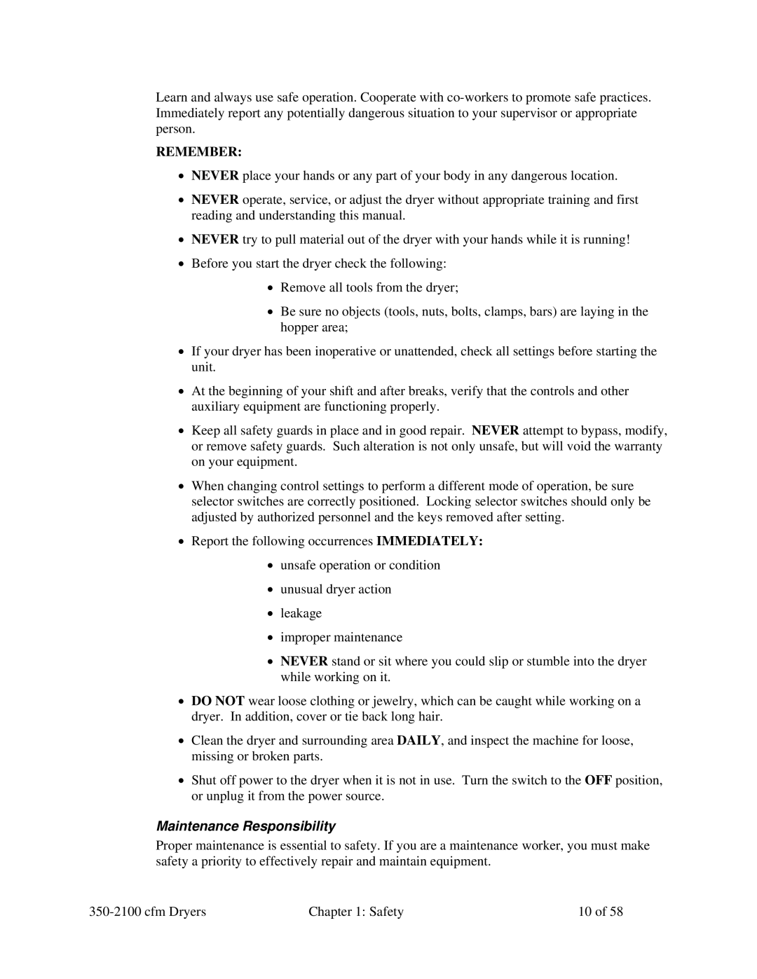 Sterling 350-2100 CFM installation manual Remember, Maintenance Responsibility 