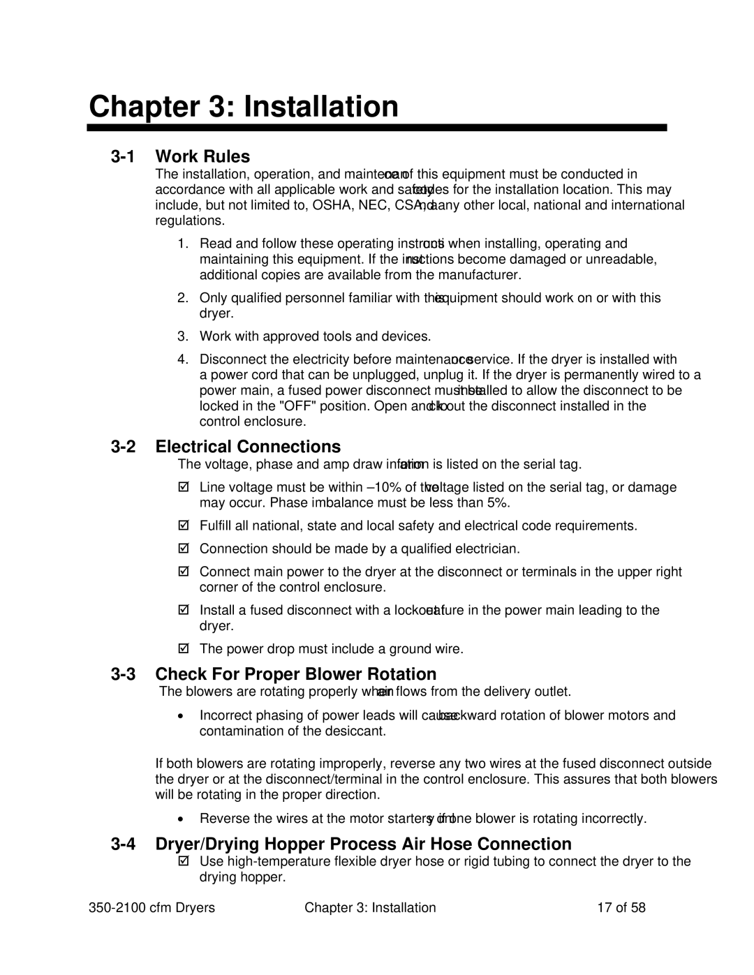 Sterling 350-2100 CFM Installation, Work Rules, Electrical Connections, Check For Proper Blower Rotation 