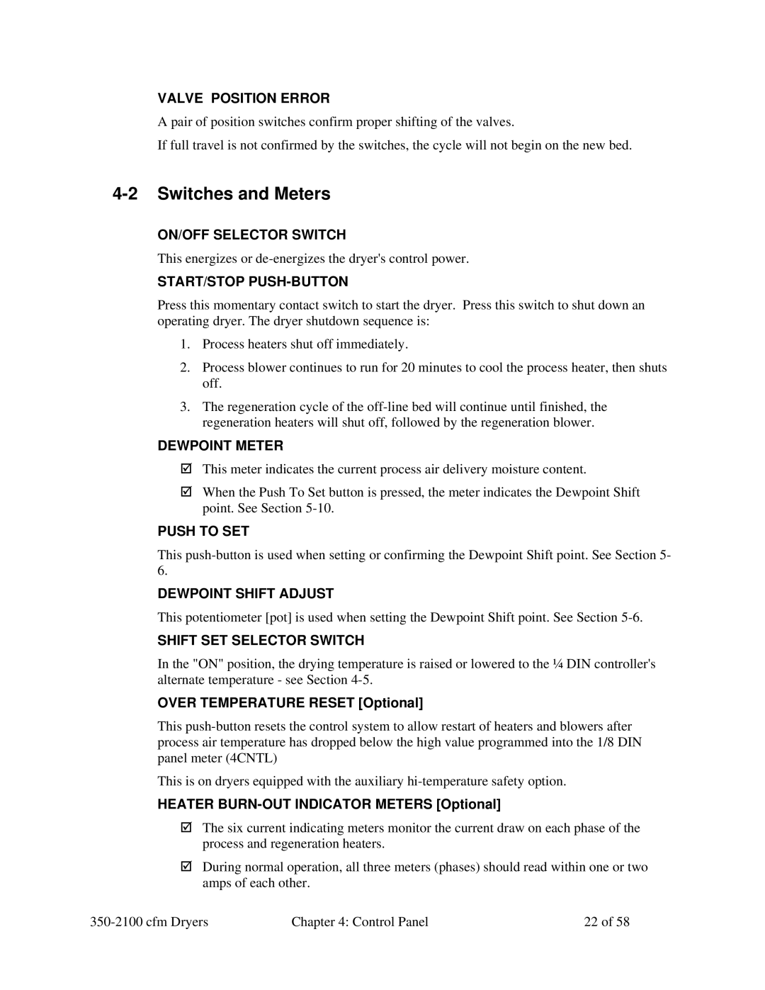 Sterling 350-2100 CFM installation manual Switches and Meters, Valve Position Error 