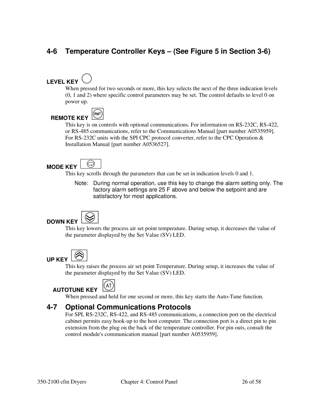 Sterling 350-2100 CFM installation manual Temperature Controller Keys See in Section, Optional Communications Protocols 