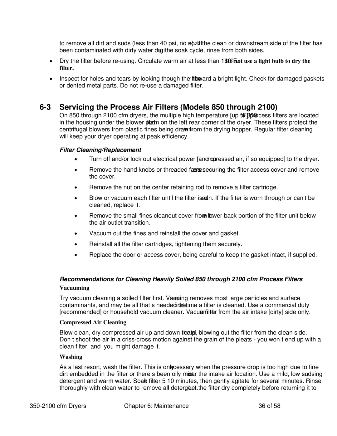 Sterling 350-2100 CFM installation manual Servicing the Process Air Filters Models 850 through, Filter Cleaning/Replacement 