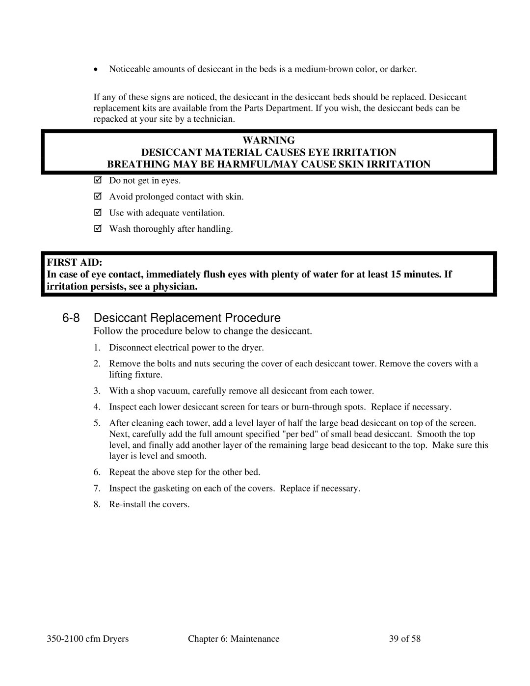 Sterling 350-2100 CFM installation manual Desiccant Replacement Procedure, First AID 