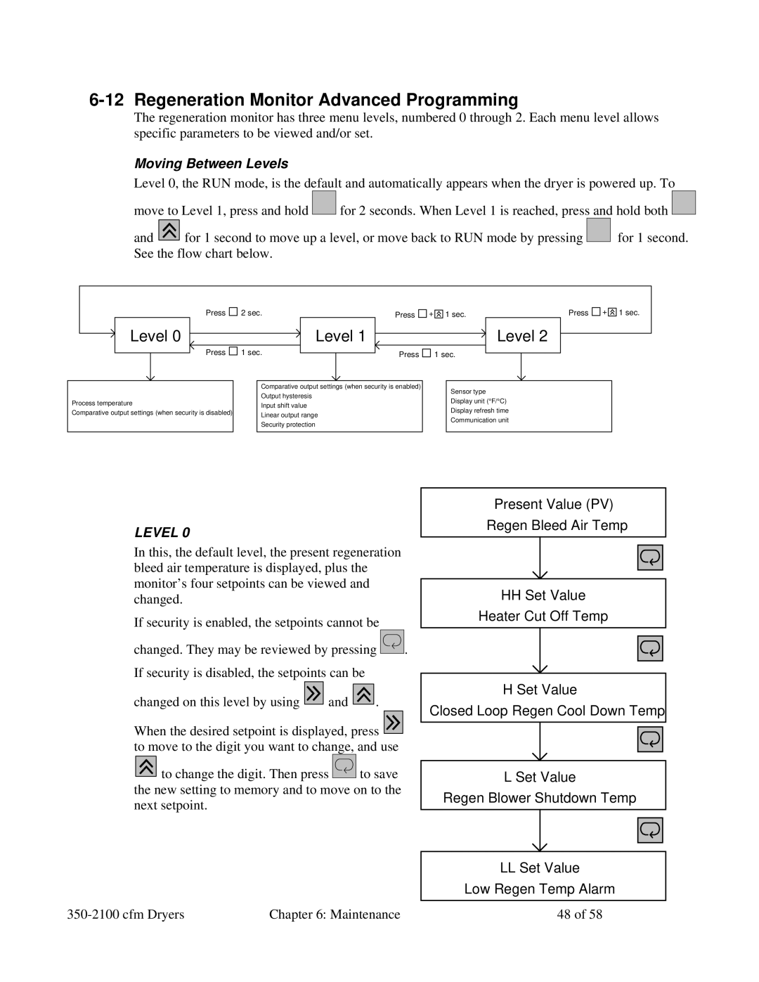 Sterling 350-2100 CFM installation manual Regeneration Monitor Advanced Programming, Moving Between Levels 