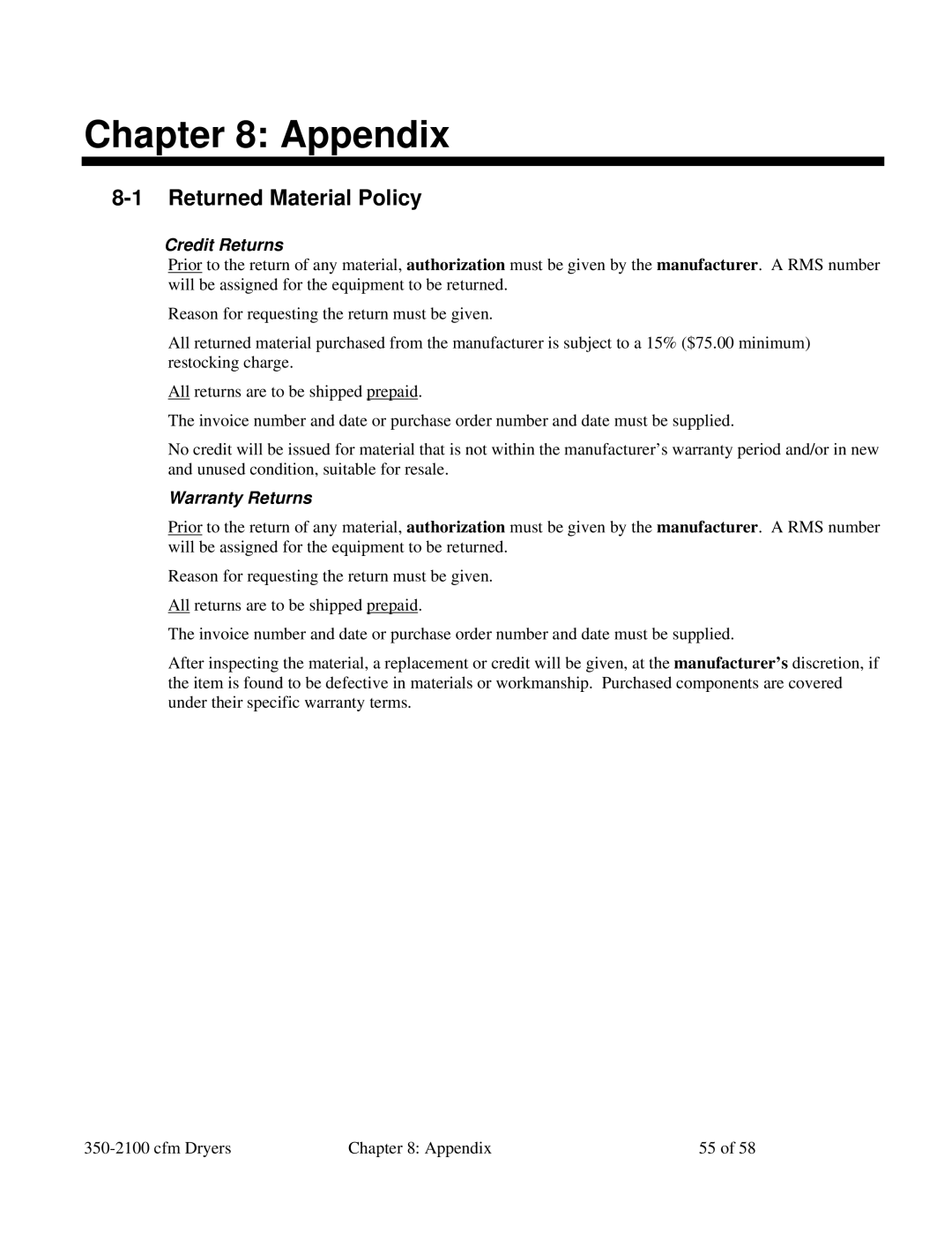 Sterling 350-2100 CFM installation manual Appendix, Returned Material Policy, Credit Returns, Warranty Returns 