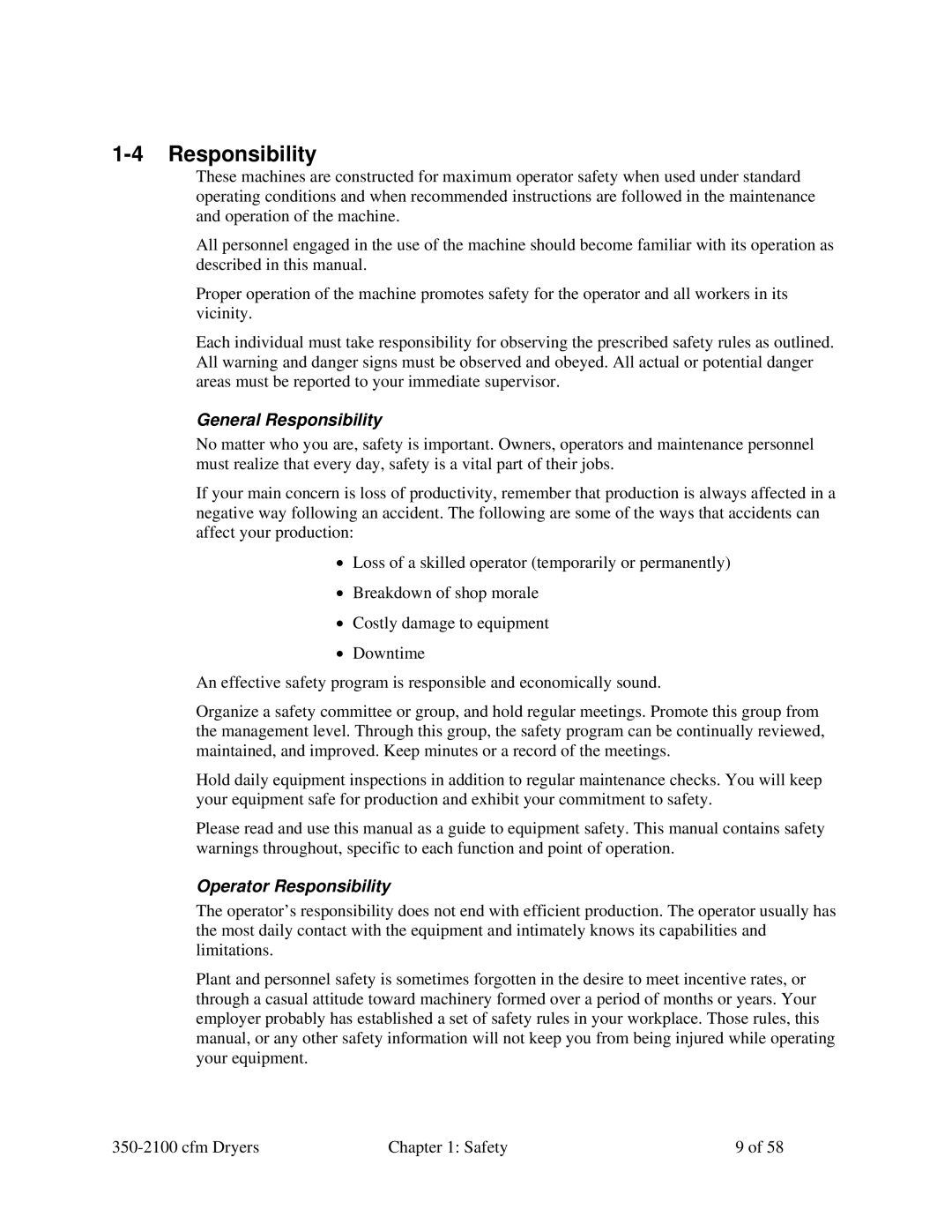 Sterling 350-2100 CFM installation manual General Responsibility, Operator Responsibility 