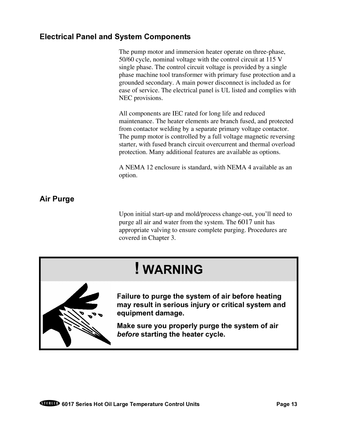 Sterling 6017 series installation manual Electrical Panel and System Components, Air Purge 