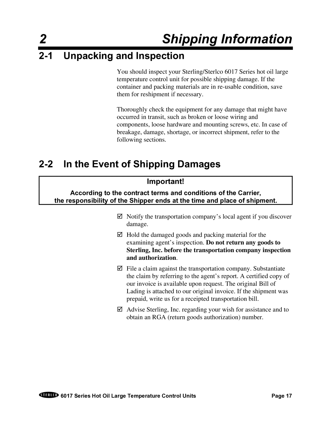 Sterling 6017 series installation manual Unpacking and Inspection, Event of Shipping Damages 