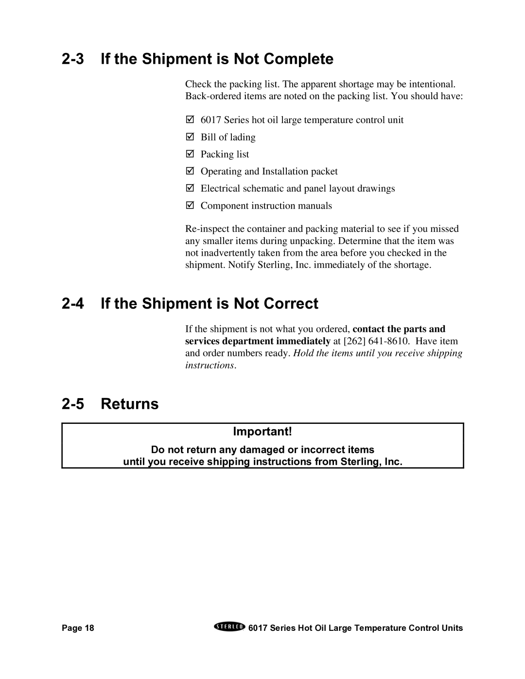 Sterling 6017 series installation manual If the Shipment is Not Complete, If the Shipment is Not Correct, Returns 