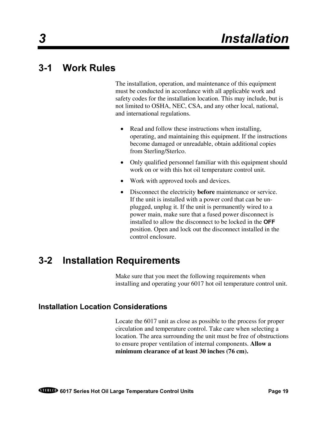 Sterling 6017 series installation manual Work Rules, Installation Requirements, Installation Location Considerations 