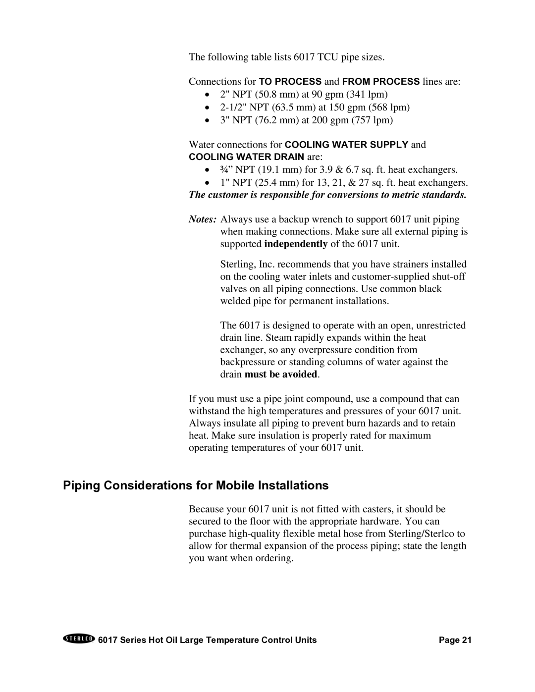 Sterling 6017 series installation manual Piping Considerations for Mobile Installations 