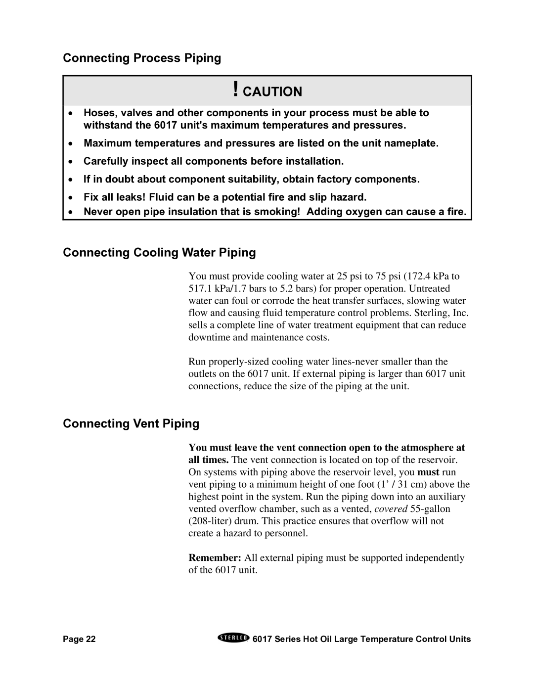 Sterling 6017 series installation manual Connecting Process Piping, Connecting Cooling Water Piping, Connecting Vent Piping 