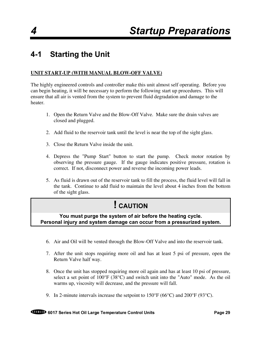 Sterling 6017 series installation manual Startup Preparations, Starting the Unit 