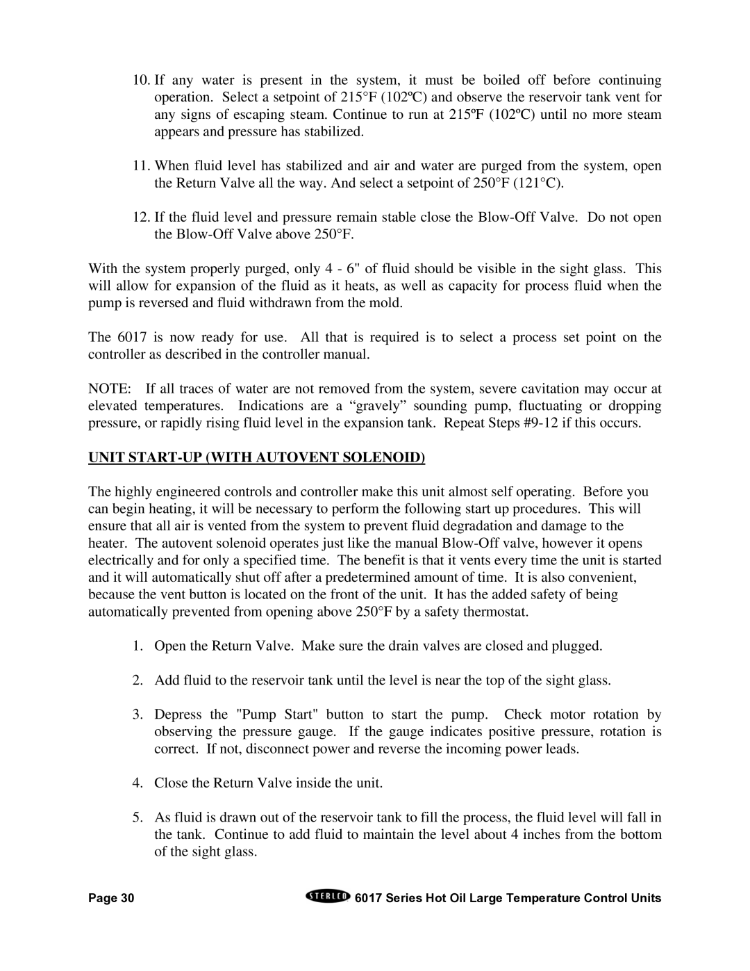 Sterling 6017 series installation manual Unit START-UP with Autovent Solenoid 