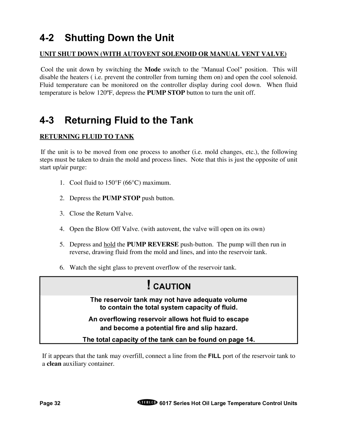 Sterling 6017 series installation manual Shutting Down the Unit, Returning Fluid to the Tank 