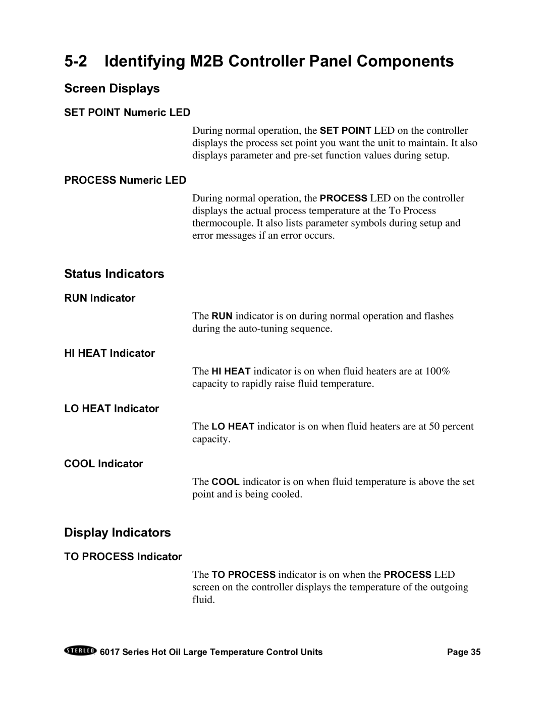 Sterling 6017 series Identifying M2B Controller Panel Components, Screen Displays, Status Indicators, Display Indicators 