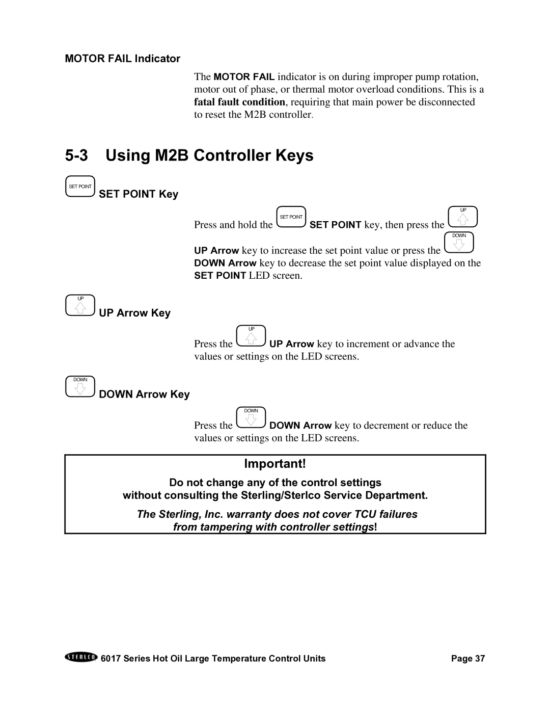 Sterling 6017 series Using M2B Controller Keys, Motor Fail Indicator, SET Point Key, UP Arrow Key, Down Arrow Key 