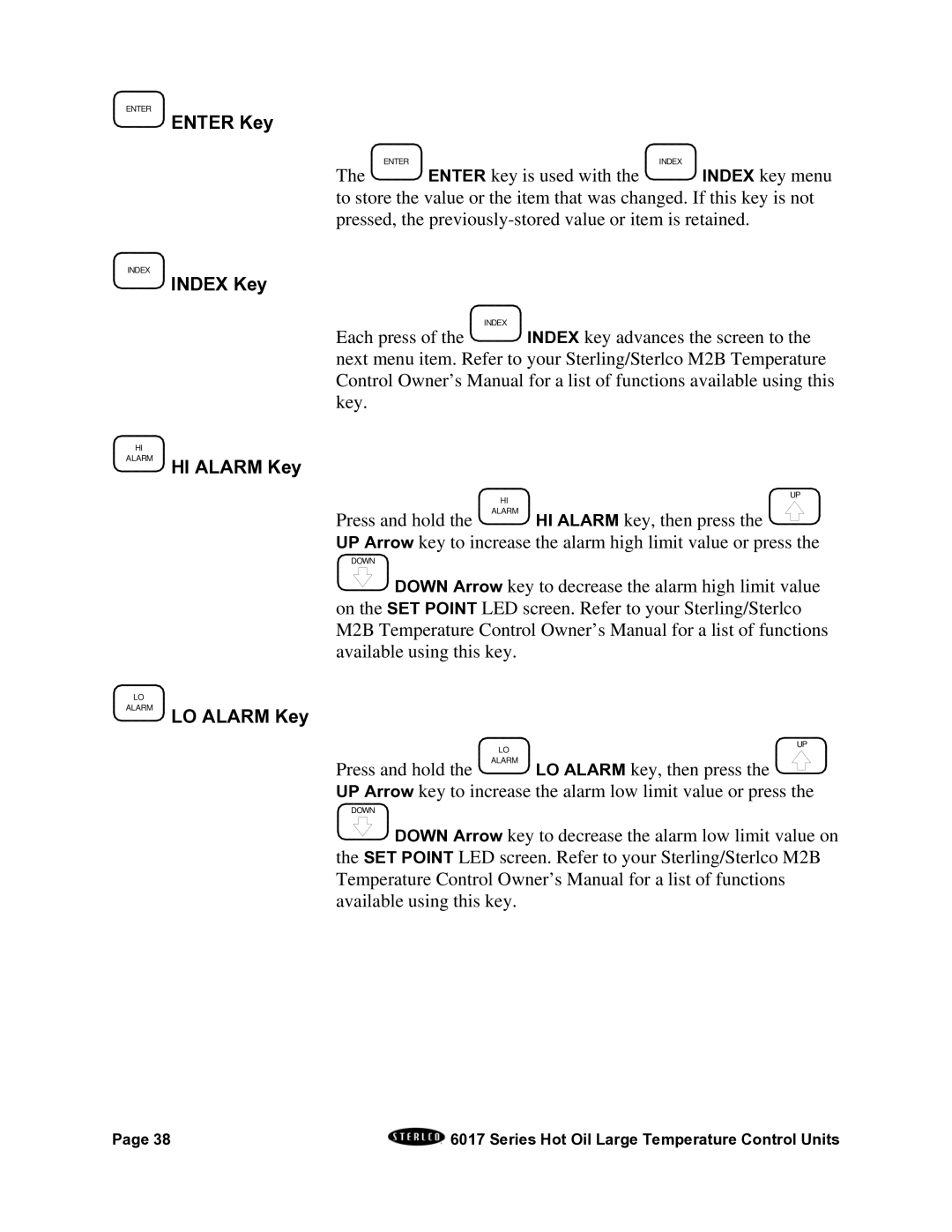 Sterling 6017 series installation manual Enter Key, Index Key Alarm HI Alarm Key Alarm LO Alarm Key 