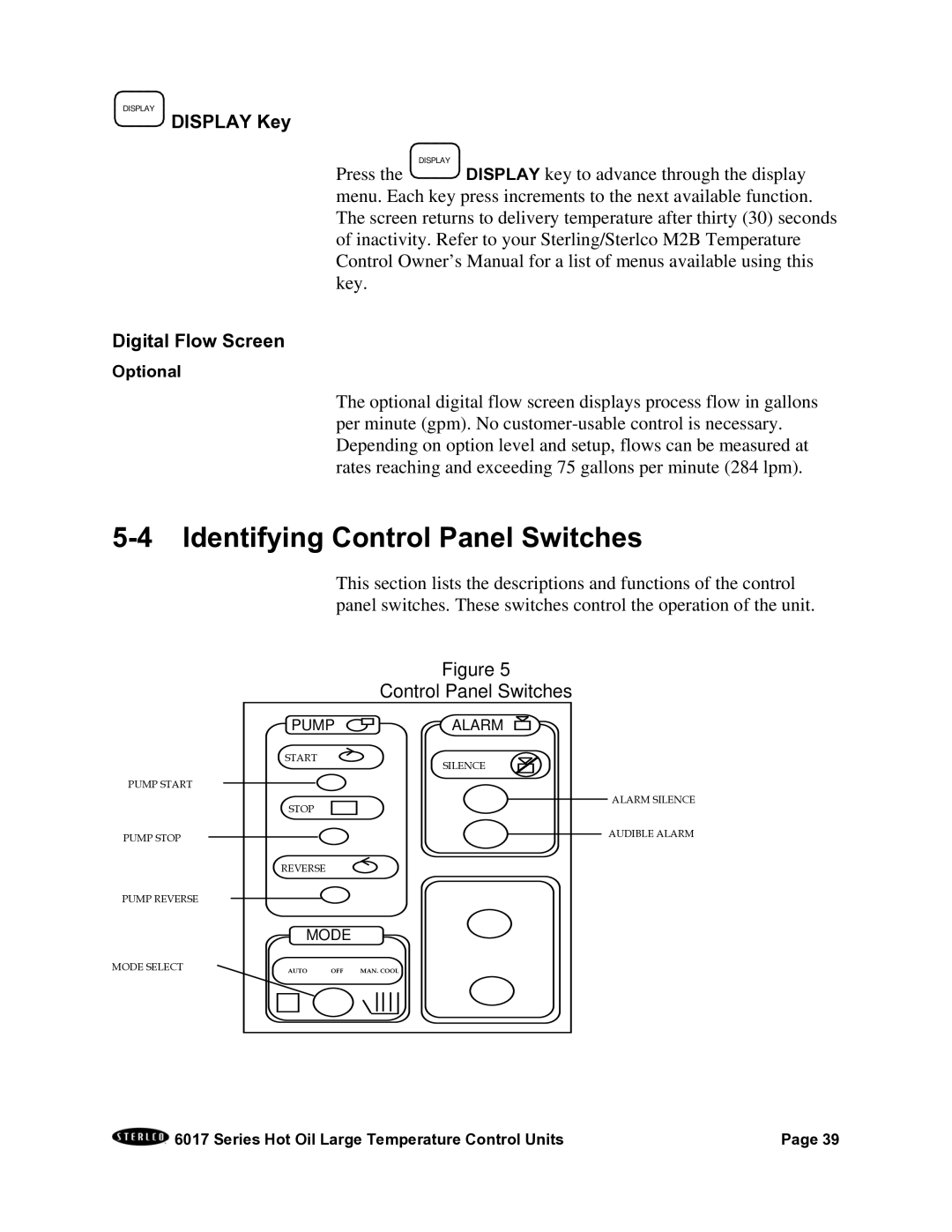 Sterling 6017 series installation manual Identifying Control Panel Switches, Display Key, Digital Flow Screen 