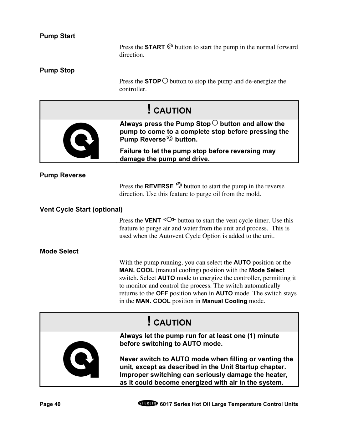 Sterling 6017 series installation manual Pump Start, Pump Stop, Vent Cycle Start optional, Mode Select 
