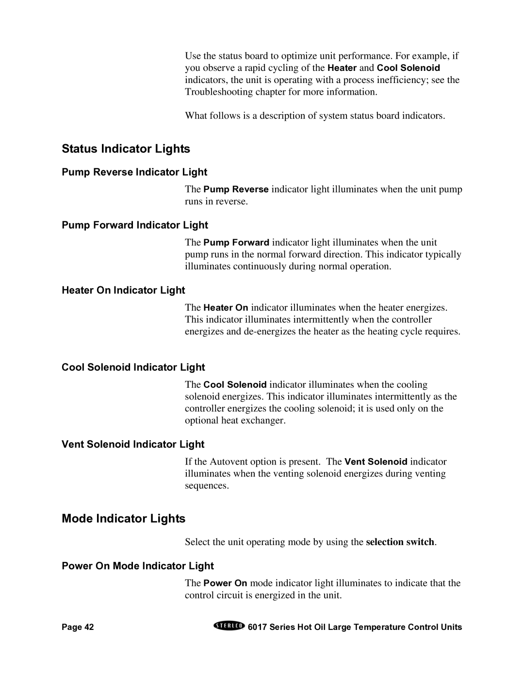 Sterling 6017 series installation manual Status Indicator Lights, Mode Indicator Lights 