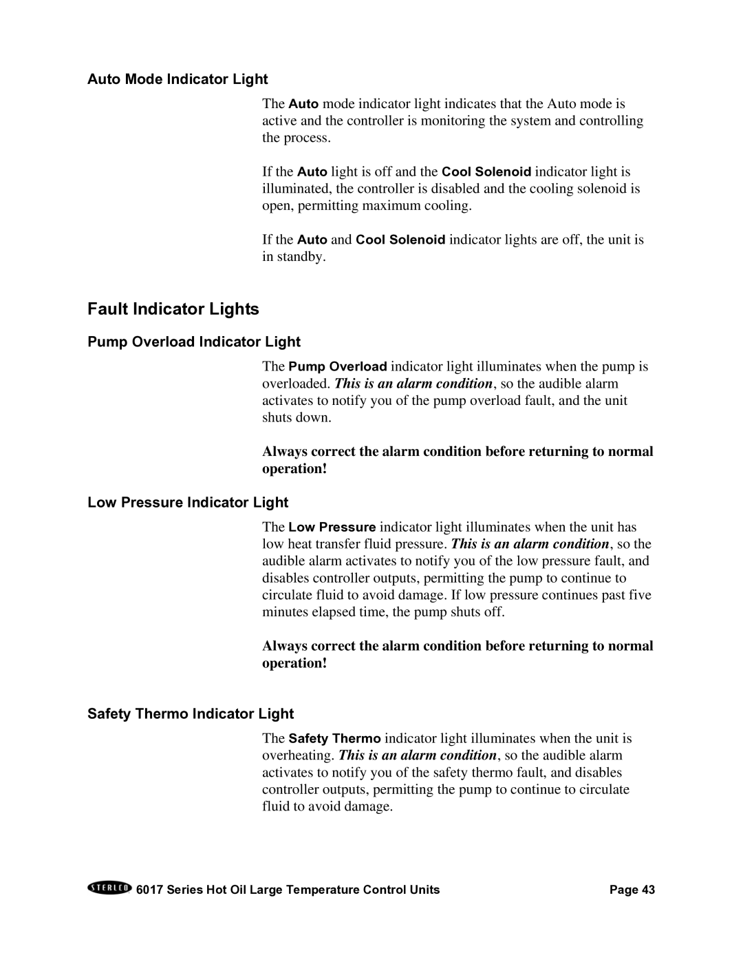 Sterling 6017 series installation manual Fault Indicator Lights, Auto Mode Indicator Light, Pump Overload Indicator Light 