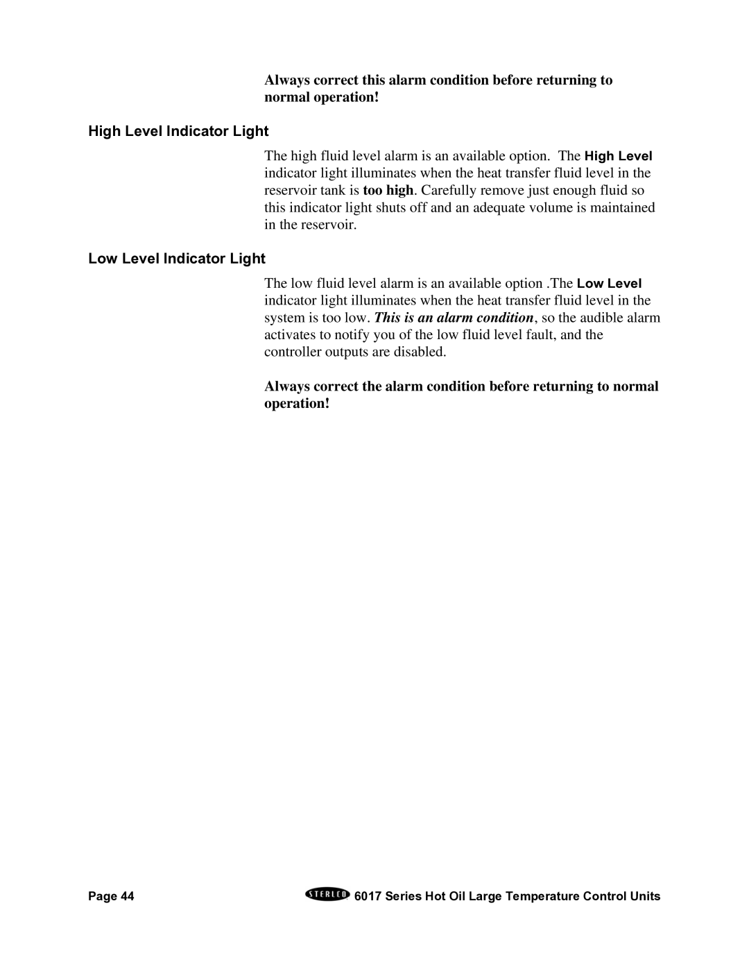 Sterling 6017 series installation manual High Level Indicator Light, Low Level Indicator Light 